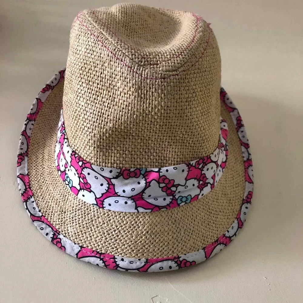 Hello Kitty Straw Hat Fedora Hat Pink Trim Size Medium / Large